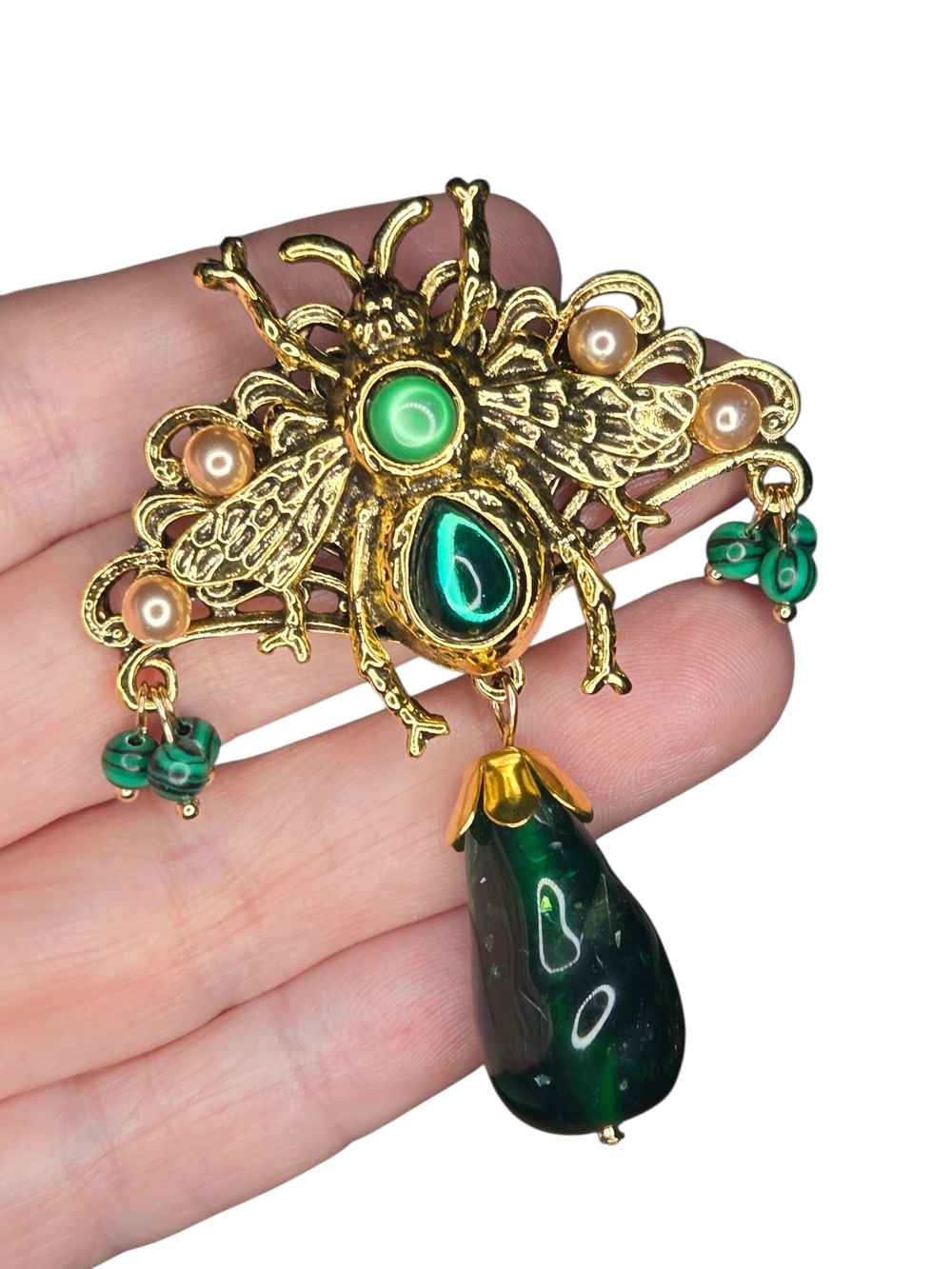 Gold Bee Brooch with Emerald Green Stones and Pearl Accents